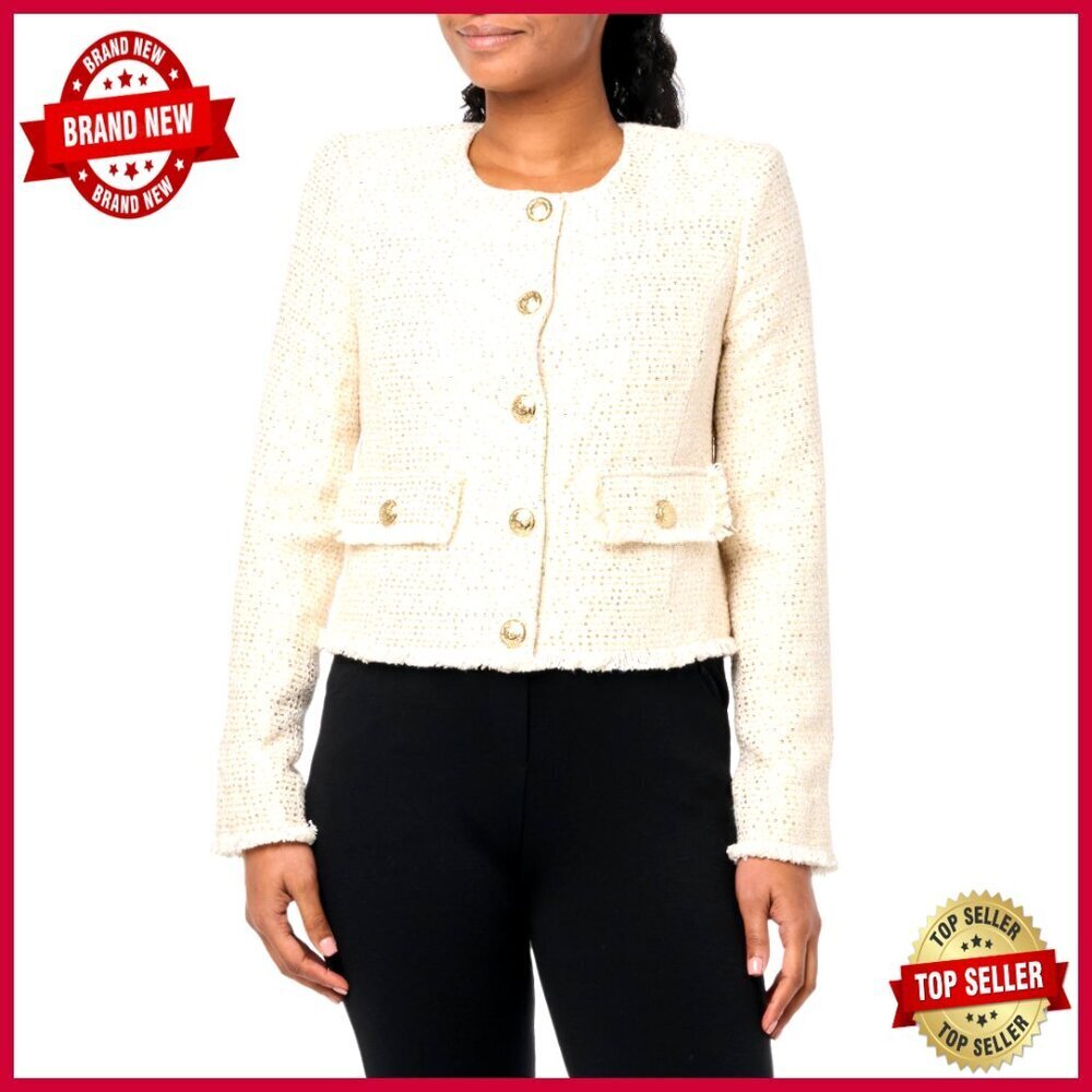 Long Sleeve Tweed Jacket with Shoulder Pads, Button Cuffs, Welt Pockets